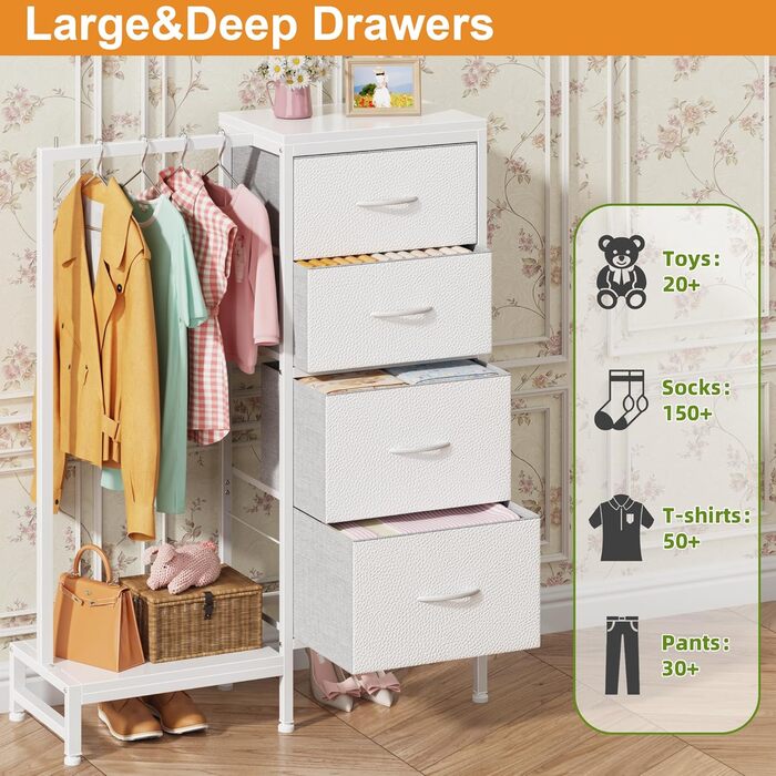 Комод заввишки 111 см з 4 тканинними шухлядами, маленький комод з вішалкою для одягу, білий комод для спальні, вітальні, коридору, передпокою, комод для спальні, подарунковий 30Г x 76,5Ш x 111В см (4 шухляди) білий