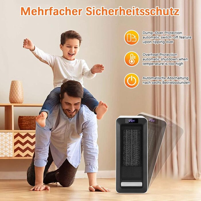 Невеликий енергозберігаючий електричний обігрівач - 1500 Вт з керамічним нагрівальним елементом PTC, 3-швидкісний нагрів, захист від перегріву та перекидання, електричний нагрівач