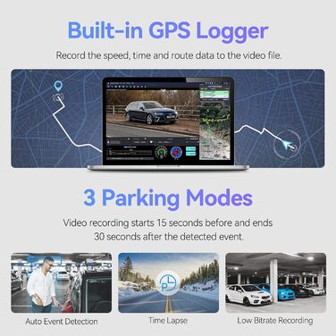 Автомобільний відеореєстратор VIOFO A129 Pro Duo 4K 1080P WiFi 5GHz, вбудований модуль GPS, двооб'єктивна передня і задня камера,