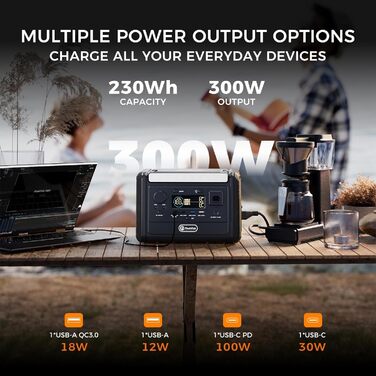 Портативна електростанція Flashfish T300pro потужністю 300 Вт з літій-іонним акумулятором 230 Втгод, піковою потужністю 600 Вт, синусоїдальними розетками змінного струму, зарядним пристроєм USB-C потужністю 100 Вт, швидким часом заряджання 1,2 години, сон