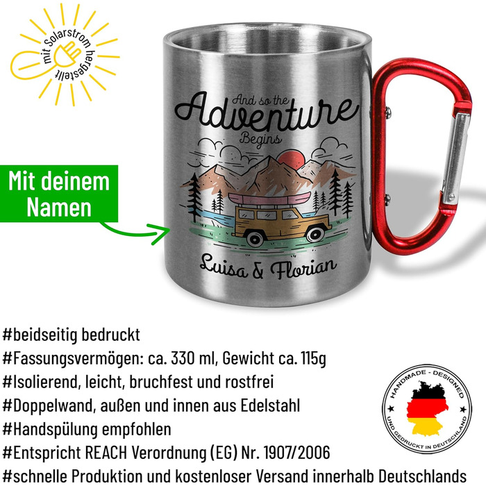 Персоналізована кружка з нержавіючої сталі з карабіном І так починається пригода металева кружка об&39ємом приблизно 330 мл, подарунок для кемпінгу для чоловіків та жінок для активного відпочинку