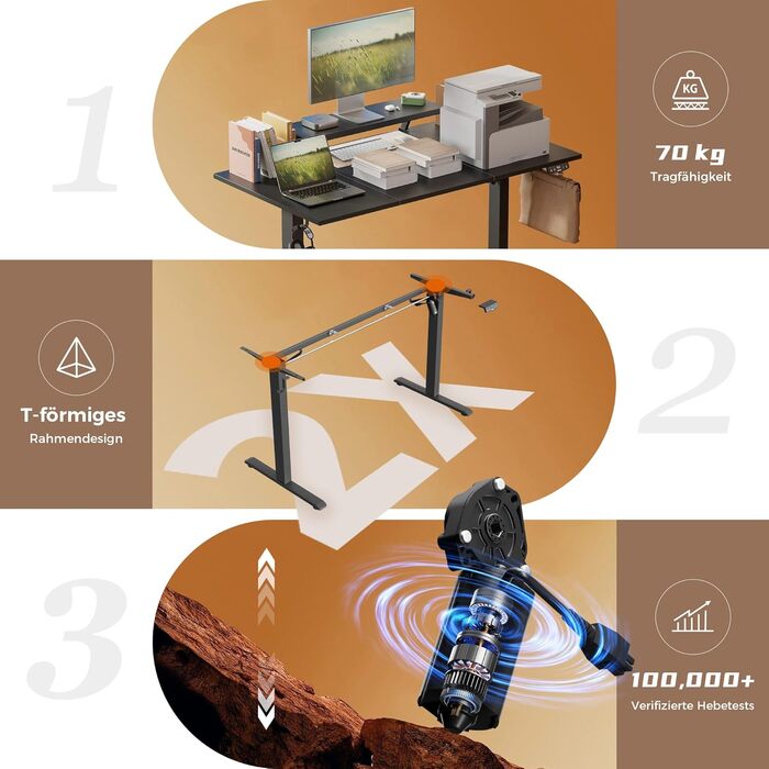 Стіл Klicelor з регульованою висотою та рухомою підставкою для монітора, 140x60 см, стіл для роботи сидячи/стоячи з 2 кнопками пам&39яті, 3-секційна стільниця, комп&39ютерний стіл, чорний 140 x 60 см