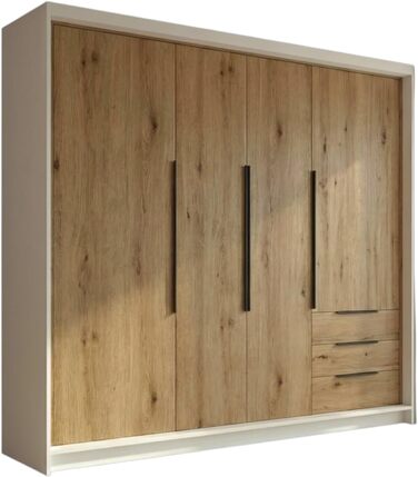 Шафа, 4-дверна з 3 шухлядами 200 x 215 см Шафа з відкидними дверима, рейкою для одягу та полицями, колір K. білий/T. sonoma/S. sonoma