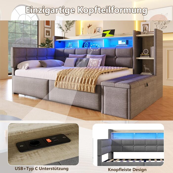 Кушетка, диван-ліжко, 90190 см, з двома шухлядами, портами USB та Type-C, відділенням для зберігання речей, лавкою для зберігання речей у нижньому кінці, світлодіодною стрічкою, без матраца, оксамит (темно-сірий)