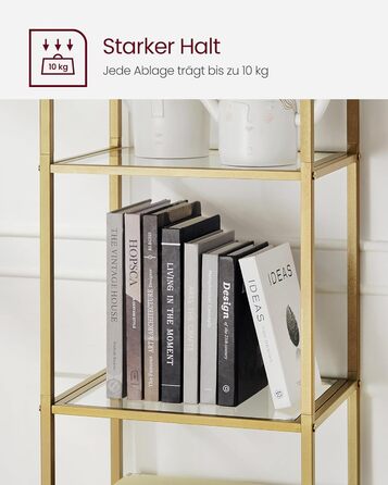 Полиця VASAGLE, 5-ярусна книжкова полиця, окремостояча полиця із загартованого скла, арочна полиця для зберігання, металевий каркас, для вітальні, спальні, кабінету, ванної кімнати, металеве золото-прозоре LGT501A01 30,2 x 40 x 183,5 см металеве золото пр