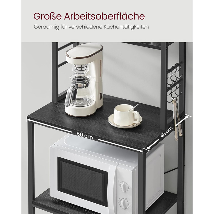 Кухонна полиця VASAGLE, окремостояча полиця, полиця для мікрохвильової печі, 6 полиць, 6 гачків, сталева рама, промисловий дизайн, 40 x 60 x 167 см, антрацитово-сірий - чорний KKS024B22 60B см антрацитово-сірий чорний