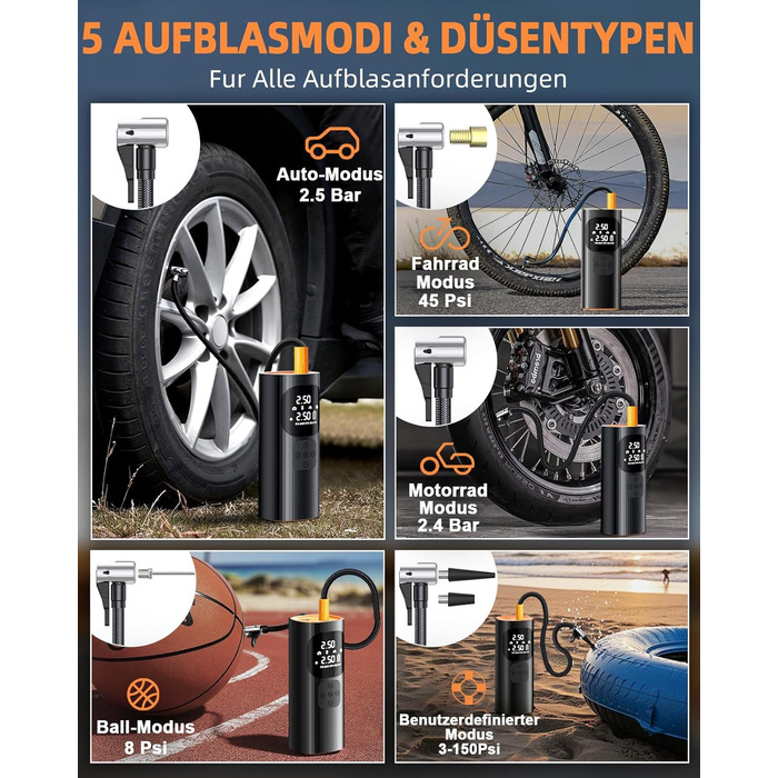 Електричний повітряний насос, міні-компресор, 160x70x50 мм, 10.3 бар / 150 PSI, ABS-пластик/метал, чорний