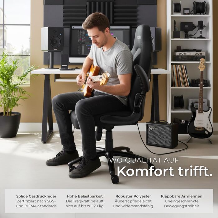 Офісний стілець tectake, стілець для роботи з відкидними підлокітниками та функцією гойдання, регульований по висоті обертовий стілець з колесами, крісло керівника з тканинною оббивкою, ергономічний офісний стілець, комп&39ютерний стілець - чорний 404736