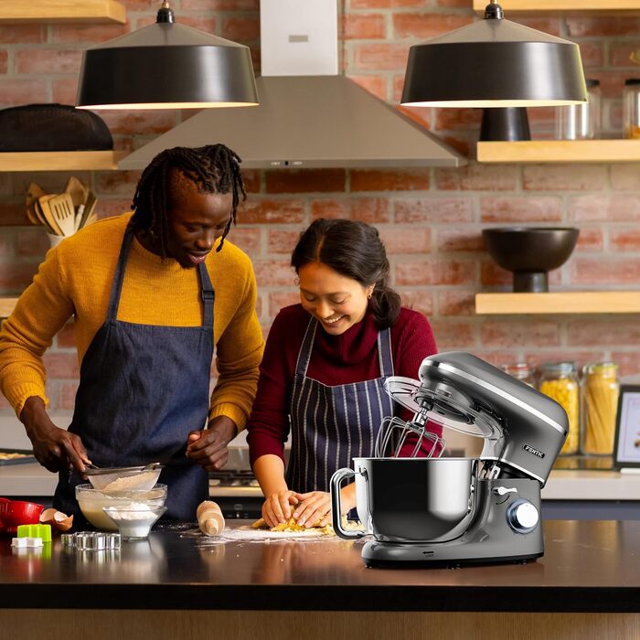 Кухонний комбайн Fentic - 2000 Вт - Чаша для змішування з нержавіючої сталі (6.2 л) - Тістомісильна машина з гачком для змішування, гачком для тіста, віночком і захистом від бризок - включаючи захисний чохол і додаткові аксесуари - Антрацит