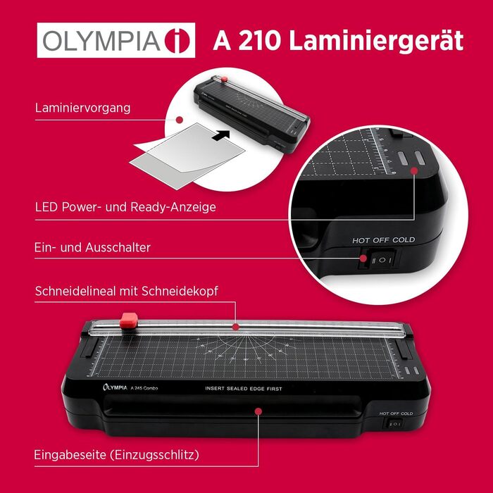 Ламінатор Olympia A 245 Combo 4-в-1 Гарячий та холодний ламінатор Комплект для ламінування документів A4 Вбудована лінійка для різання Комплект ламінуючих пакетів та закруглювач кутів Швидкий час нагрівання Розмір документа A4