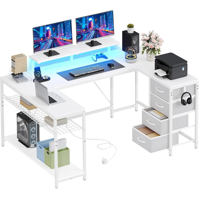 Кутовий стіл YITAHOME з 4 шухлядами та місцем для зберігання, ігровий стіл зі світлодіодним освітленням та підставкою для монітора для домашнього офісу, двосторонній кутовий стіл з 2 розетками та 2 портами зарядки USB, 158 см, білий 158 x 100 x 90 см
