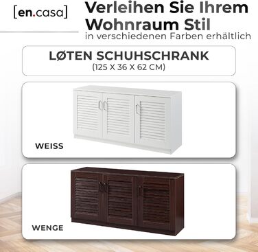 Взуттєва шафа Løten, полиця для взуття з 3 дверцятами та 6 полицями, відділення для взуття, 125 x 36 x 62 см, вміщує до 12 пар взуття, біла, 125 x 36 x 62 см