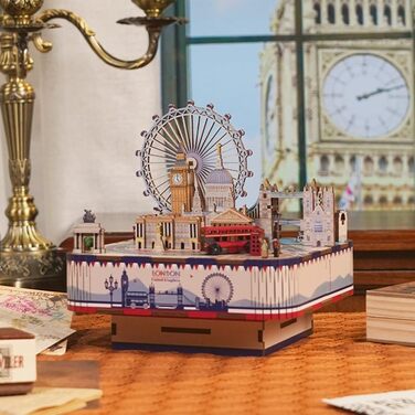 Музична скринька Tonecheer Дерев'яний 3D-пазл, набір моделей для сім'ї котів своїми руками для дорослих, обертова музична шкатулка, дерев'яні пазли Подарунки для прикраси будинку Подарунок на день народження Різдвяний підліток (Лондон)