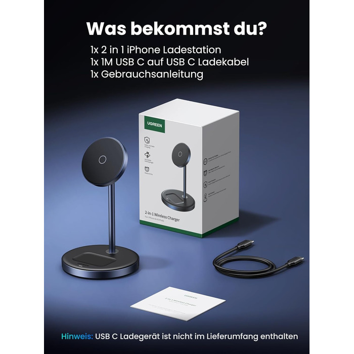 Зарядна станція UGREEN MagFlow 2 в 1 для iPhone сумісна з зарядним пристроєм Magsafe Бездротовий зарядний пристрій для iPhone 16/1