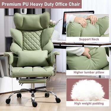 Офісне крісло 200 кг з підставкою для ніг - Ергономічне ігрове та крісло для керівників з функцією повороту на 360, регульованою спинкою на 90-135 та м&39якими підлокітниками для оптимального комфорту (Звичайне, Зелене) Зелене Звичайне
