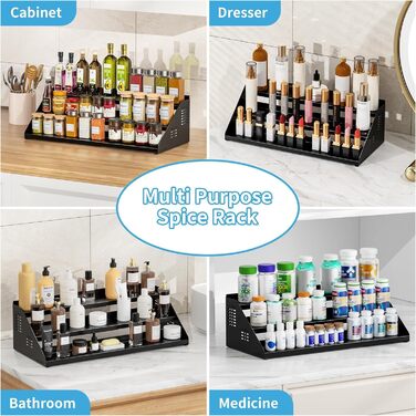 Рівнева підставка для спецій, органайзер для кухонних полиць, органайзер для спецій, розширюваний металевий органайзер для кухонних шаф від 34 см до 55 см, для стільниць, кухні, їдальні - чорний, 3-