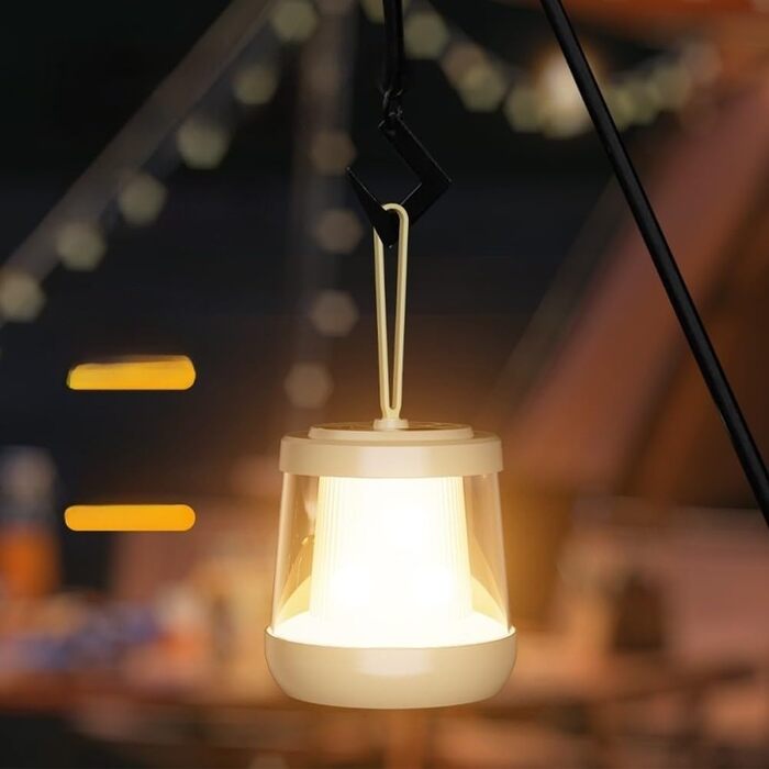 Акумуляторний кемпінговий ліхтар із 10-метровою світлодіодною гірляндою, теплий білий колір RGB, швидка зарядка через USB-C та функція зовнішнього акумулятора, портативна силіконова ручка та гачок (кольорові).