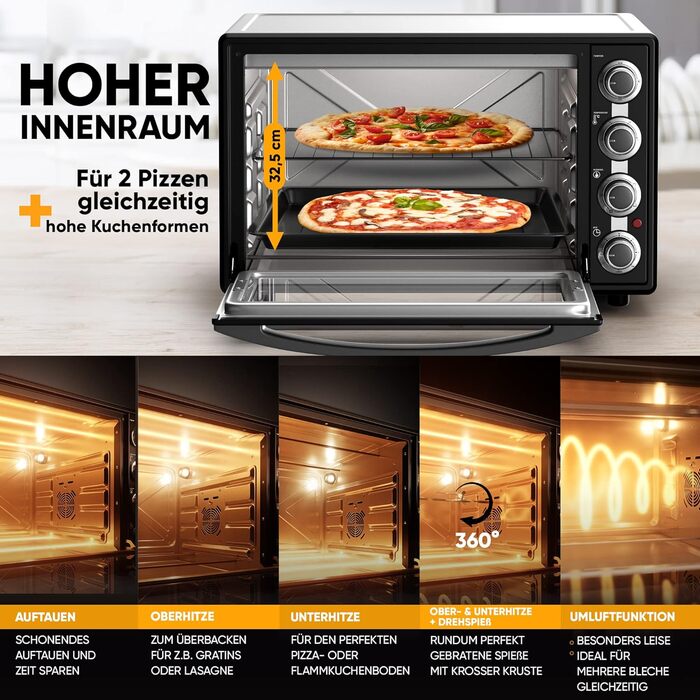 Міні-піч Stillstern з конвекцією (60 л) НОВИНКА CYCLONE PRO (антипригарне покриття), версія DE, вставка для фритюрниці, буклет з рецептами, вертел, міні-піч для піци на грилі потужністю 2200 Вт також для кемпінгу
