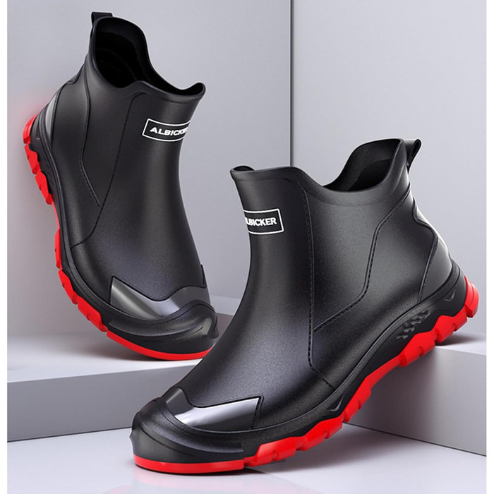 Водонепроникні гумові чоботи Pangolin до щиколотки, чоботи-челсі з ПВХ для саду та щоденного використання, нековзка гумова підошва з протектором, короткі гумові чоботи для жінок та чоловіків, чорно-червоні, EU 45