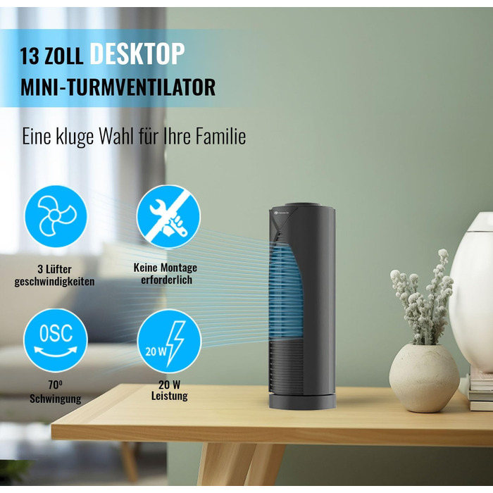 Настільний вентилятор PureMate Mini з 3 швидкостями обертання, автоматичне коливання на 70, невелика висота вентилятора 33 см, іде