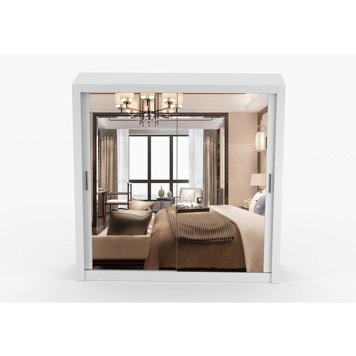 Шафа з дзеркалом - Шафа з розсувними дверима - Шафа для спальні - 64 x 203 x 215 см - Шафа для вітальні - Вішалка для одягу, Шафа з двома дверима, Сучасна 200 см Біла