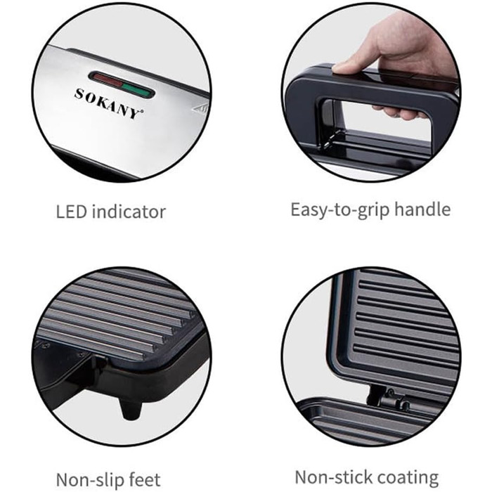 Контактний гриль SOKANY SK-227 1000 Вт, антипригарне покриття, прохолодна сенсорна ручка, автоматичний контроль температури, світлові індикатори, тостер для сендвічів, панінімейкер, електричний гриль
