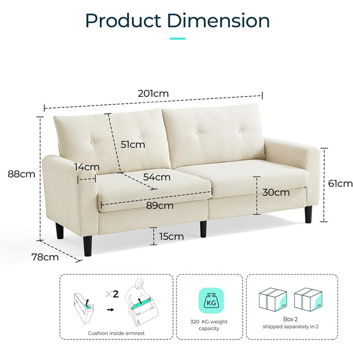 Місний диван LINSY HOME, ширина 201 см, диван з регульованою глибиною сидіння, невеликий диван-кутник для вітальні, спальні, квартири, офісу, бежевий, сучасний, 3-