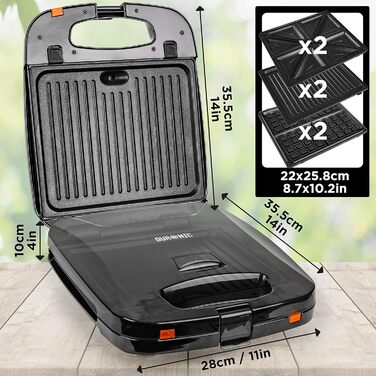 Бутербродниця Duronic SWM60 3-в-1, контактний гриль і вафельниця 1200 Вт, тостер для сендвічів на 4 тости, бельгійські вафлі, гриль, сендвіч-машина, паніні для стейка, овочі, 3 тарілки