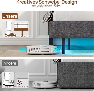 Металеве ліжко-семитуфля 90x200 см зі світлодіодним освітленням, включаючи рейковий каркас, плаваюча конструкція, стабільне та міцне, легке складання, сірого кольору без матраца сірого кольору 90 x 200 см