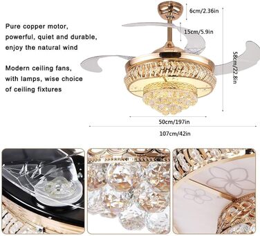 Безшумна лампа для вентилятора Сучасні кришталеві стельові вентилятори з підсвічуванням 3 кольори 6 швидкостей з пультом дистанцій