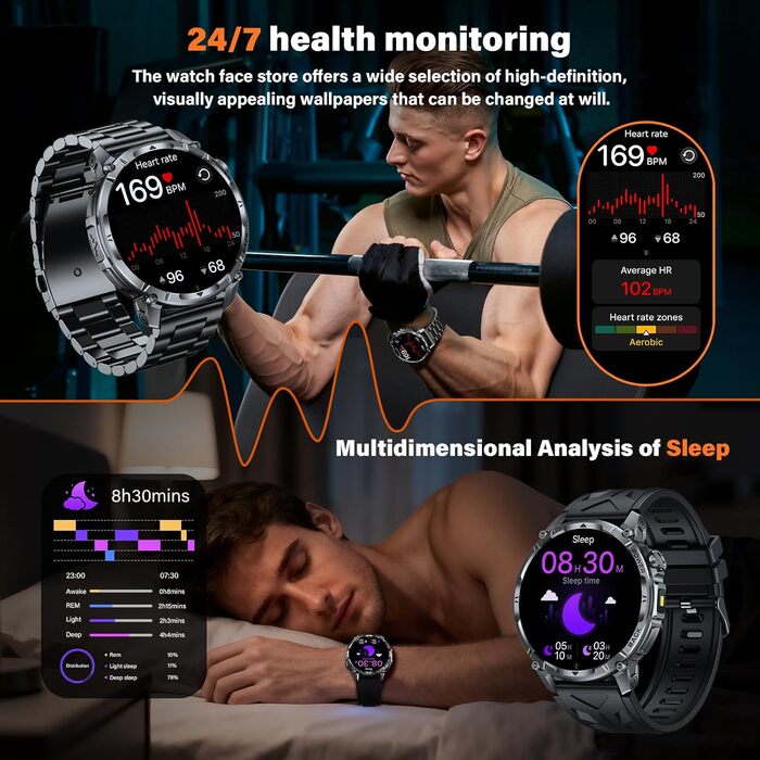 Чоловічий смарт-годинник із функцією телефону, 1,7-дюймовий сенсорний екран, підсвічування, 100 днів у режимі очікування, понад 120 спортивних режимів, пульс, SpO2, монітор сну, водонепроникність IP68, фітнес-трекер, сумісний з Android/iOS (сталевий ремін