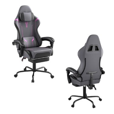 Ергономічне ігрове крісло UISEBRT з масажем та підставкою для ніг, зручне ігрове крісло, регульована спинка, підголівник та масажна поперекова подушка - сірий, чорний та фіолетовий