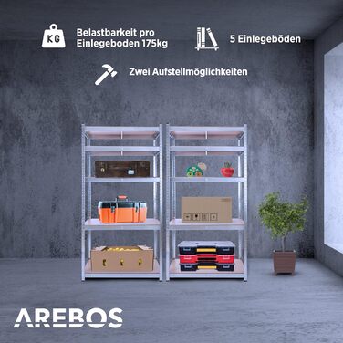 Надміцний стелаж Arebos, комплект з 2 шт. 180x90x30 см Вантажопідйомність 875 кг 5 полиць з МДФ Легке складання за допомогою вставної системи Оцинкований сріблястий колір