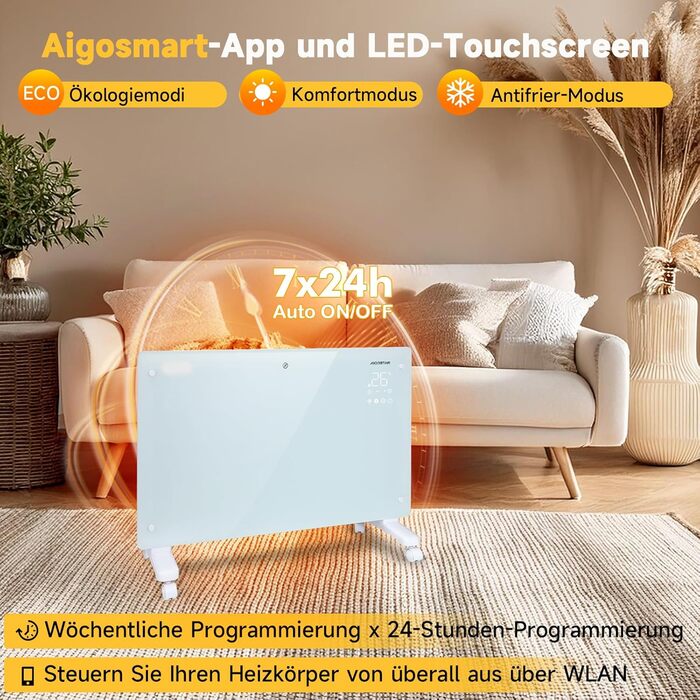 Електричний скляний конвекторний обігрівач Aigostar з пультом дистанційного керування для кімнат площею приблизно 30 м, радіатор з термостатом, енергозберігаючий ECO, тихий, 24-часовий таймер, окремостоячий/настінний, додаток Wi-Fi, 2000 Вт, чорний, білий