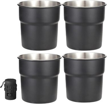 Стакани з нержавіючої сталі для подорожей та активного відпочинку, для кави, молока, як запасні, штабельовані, з кришками, для кемпінгу та походів, чорні, 4