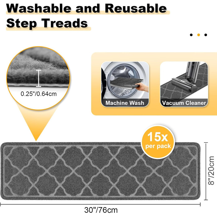Килимків для сходів 76x20 см, протиковзкі килимки для сходів, самоклеючий килимок для сходів, килимок для сходів, який можна прати в пральній машині, з гумовою основою TPR для дітей, людей похилого віку та собак, сірий, 15 шт., 15