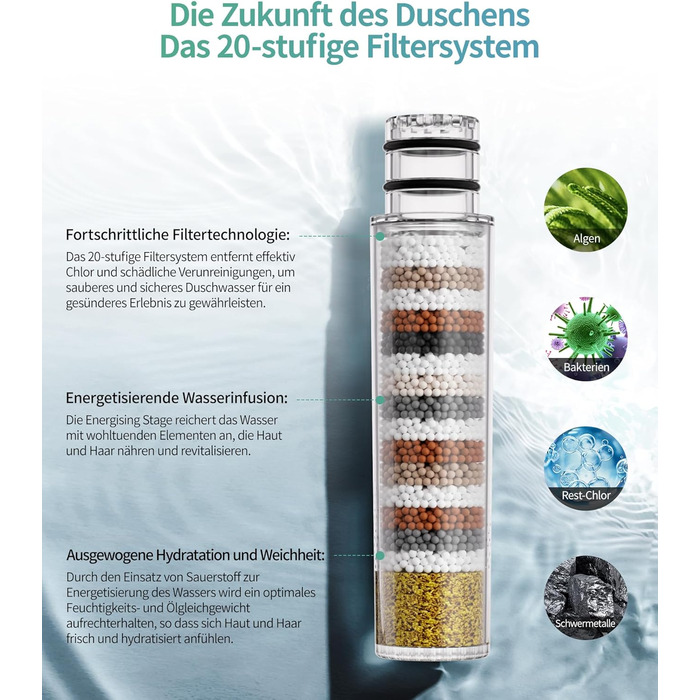 Душова лійка SR SUN RISE з фільтром, шланг та картриджі для фільтрації, 9 режимів розпилення з 4-ступеневим фільтром води, високий тиск для жорсткої води, видаляє залишковий хлор, важкі метали та бактерії, хромоване покриття з іонами срібла