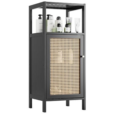 Бамбукова підлогова шафа з ротангом, невелика шафа для зберігання речей у ванній кімнаті з 1 дверцятами та 1 полицею, компактна дерев&39яна кухонна шафа, журнальний столик у передпокій, окремостояча тумба для вітальні (чорна)