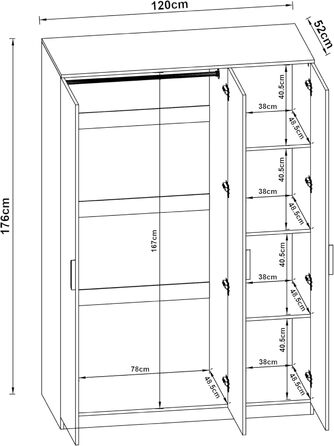 Шафа Eiselfing, 3-дверна шафа, 176 x 120 x 52 см, Шафа для спальні, 1 вішалка для одягу, 4 відділення, білий