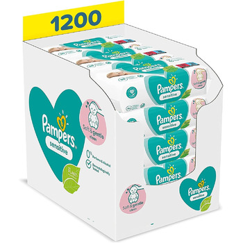 Дитячі вологі серветки Pampers Sensitive Baby, 1200 серветок (15 x 80) для чутливої дитячої шкіри, дерматологічно протестовано, дитяче початкове обладнання для новонароджених, 80 шт. (15 упаковок) 1200 шт. (1 упаковка)