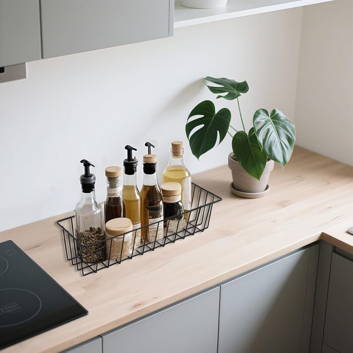 Набір із 6 підвісних дротяних кошиків, 31,5 x 10 x 7,5 см, чорні металеві кошики з гачками для настінних сіток, металеві кошики, дротяні кошики, поличні кошики для стіни