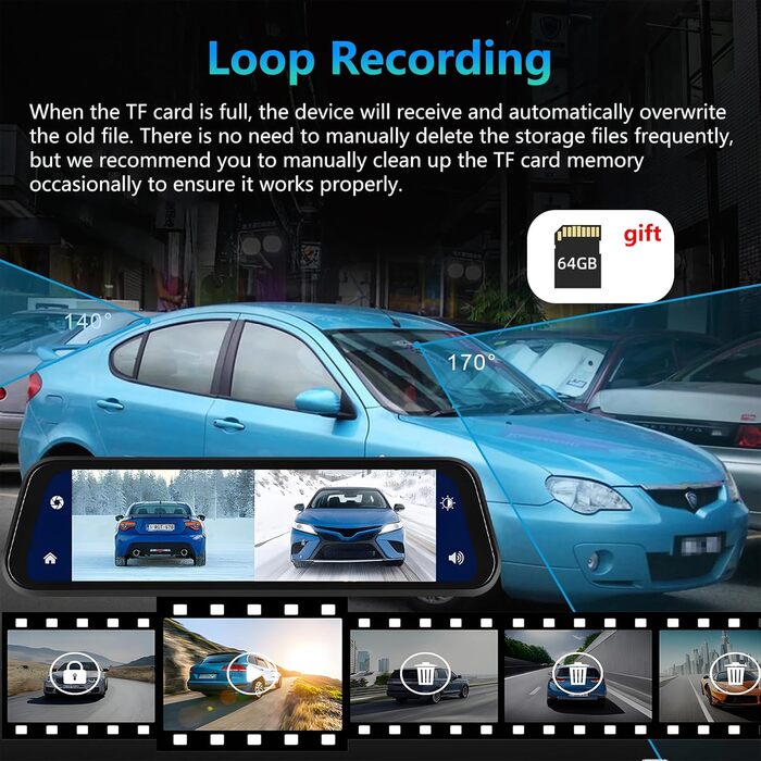 Дзеркальний відеореєстратор Podofo з бездротовим автопрогравачем, Android Auto з HD-камерою заднього виду 9,66-дюймовий IPS сенсор