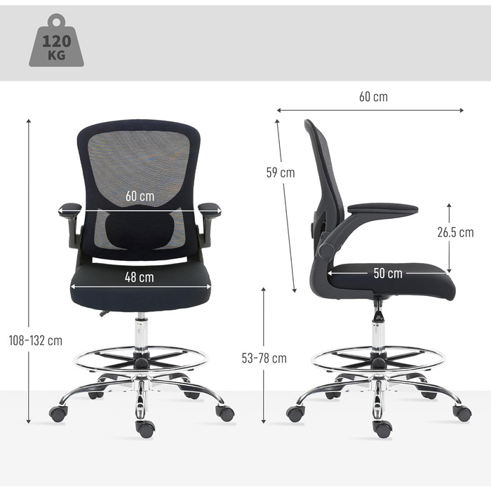 Офісний стілець HOMCOM Ергономічне робоче крісло з відкидними підлокітниками, регульованим кільцем для ніг та 4D поперековою опорою, регульоване за висотою поворотне крісло для малювання з сітчастою тканиною, чорний колір