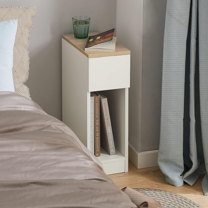 Комплект із 2 вузьких тумбочек, приліжкові тумбочки з шухлядою та полицею, тумбочки для спальні та вітальні, білі, Ш20 x Г35 x В60 см, FBT111-WNx2