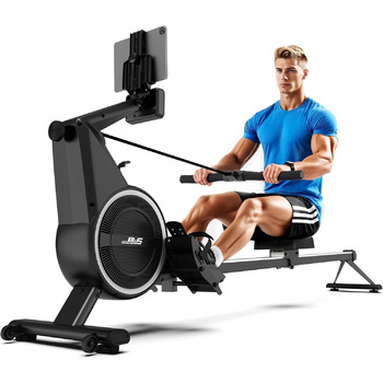 Домашній гребний тренажер, гребний тренажер з пневматичним та магнітним опором з 10 рівнями опору, велотренажер для користувачів до 158 кг, тиха подвійна рейка, світлодіодний монітор Bluetooth з тримачем для планшета, чорний BW7