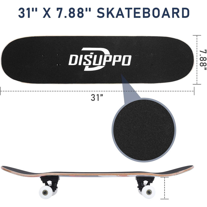 Скейтборд DISUPPO 79 x 21 см для дорослих, дівчат, хлопців, підлітків, початківців, 7 шарів A-Level Maple Double Kick Concave Stan