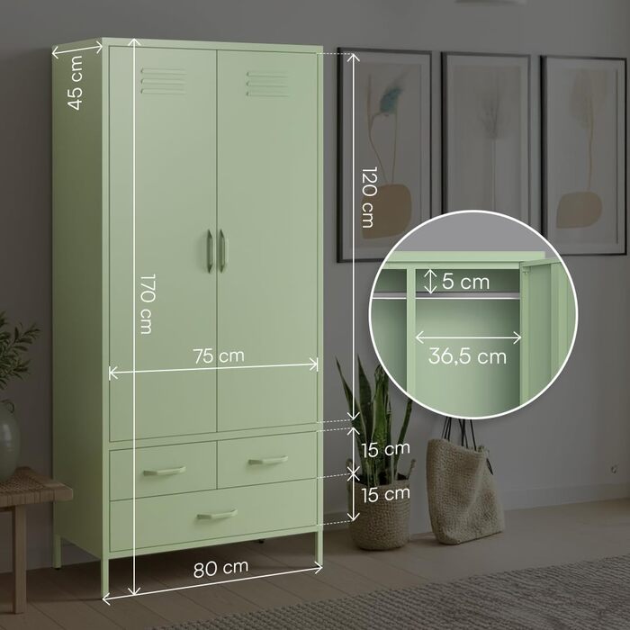 Металева шафа Skølm Atria Металева шафа з 6 відділеннями, 2 рейками для одягу та 3 шухлядами Шафа м&39ятно-зеленого кольору Металева шафа завширшки 80 см Шафа для спальні Шафа для передпокою м&39ятно-зеленого кольору з 2 дверима, 3 шухлядами