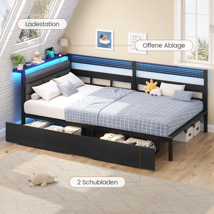 М&39який диван-ліжко 90x200 зі світлодіодним освітленням, зарядною станцією, кушеткою, дитячим ліжком з 2 шухлядами та металевим рейковим каркасом, м&39яким узголів&39ям з відкритим місцем для зберігання, чорний 90 x 200 см