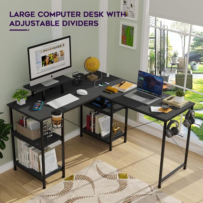 Ігровий стіл 210 x 50 см з розеткою та USB-портом, 3 варіанти встановлення, L-подібний ігровий стіл з полицею для монітора, ігровий стіл для ПК з карбоновою поверхнею