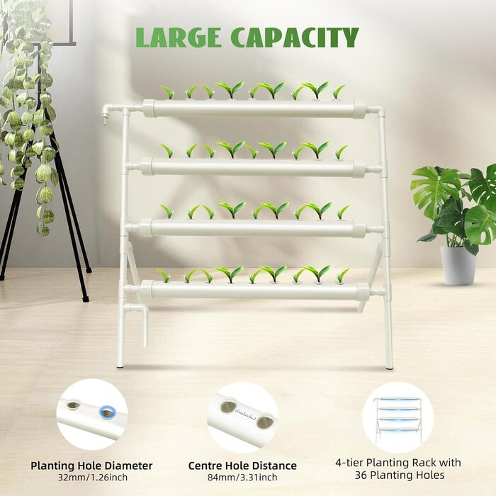 Яруси, 36 отворів, плантатор із труб ПВХ, з водяним насосом, система гідропонного вирощування, білий, 4